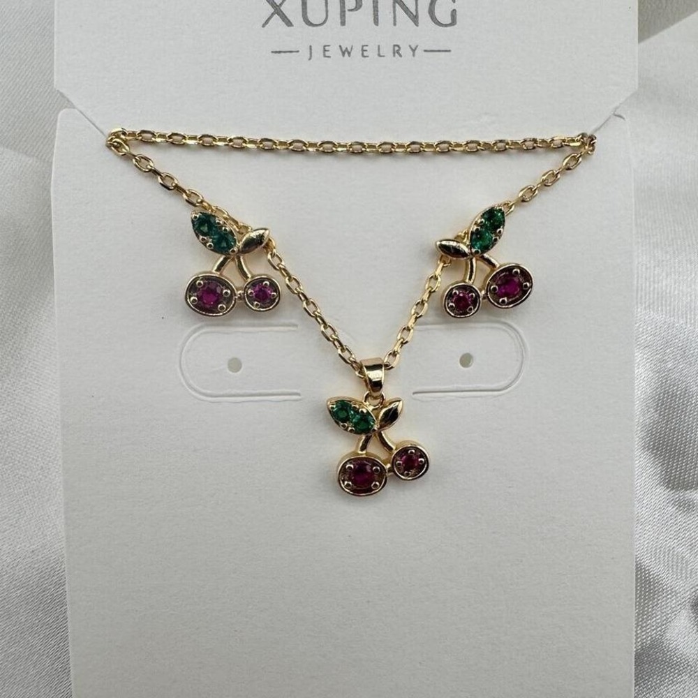 14k Gold Plated Cherry Necklace with Red‎ and Green Accents